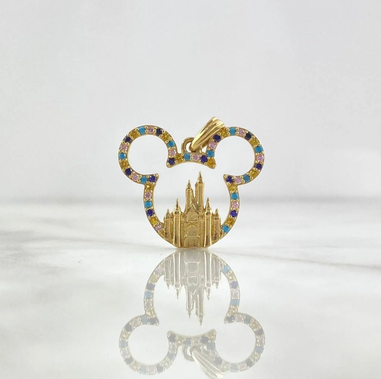 18K Yellow Gold Mouse With Castle Pendant With Colored Zircons / 3.2gr / 1.1in