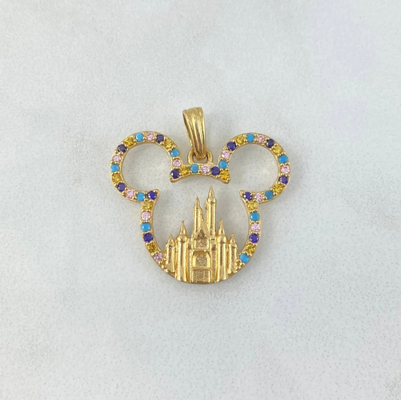 18K Yellow Gold Mouse With Castle Pendant With Colored Zircons / 3.2gr / 1.1in