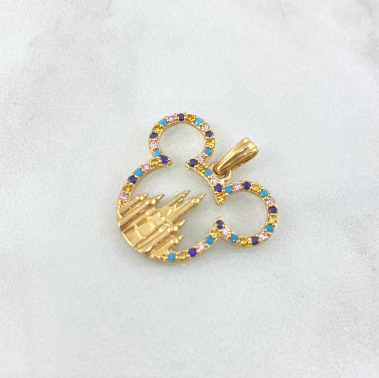 18K Yellow Gold Mouse With Castle Pendant With Colored Zircons / 3.2gr / 1.1in