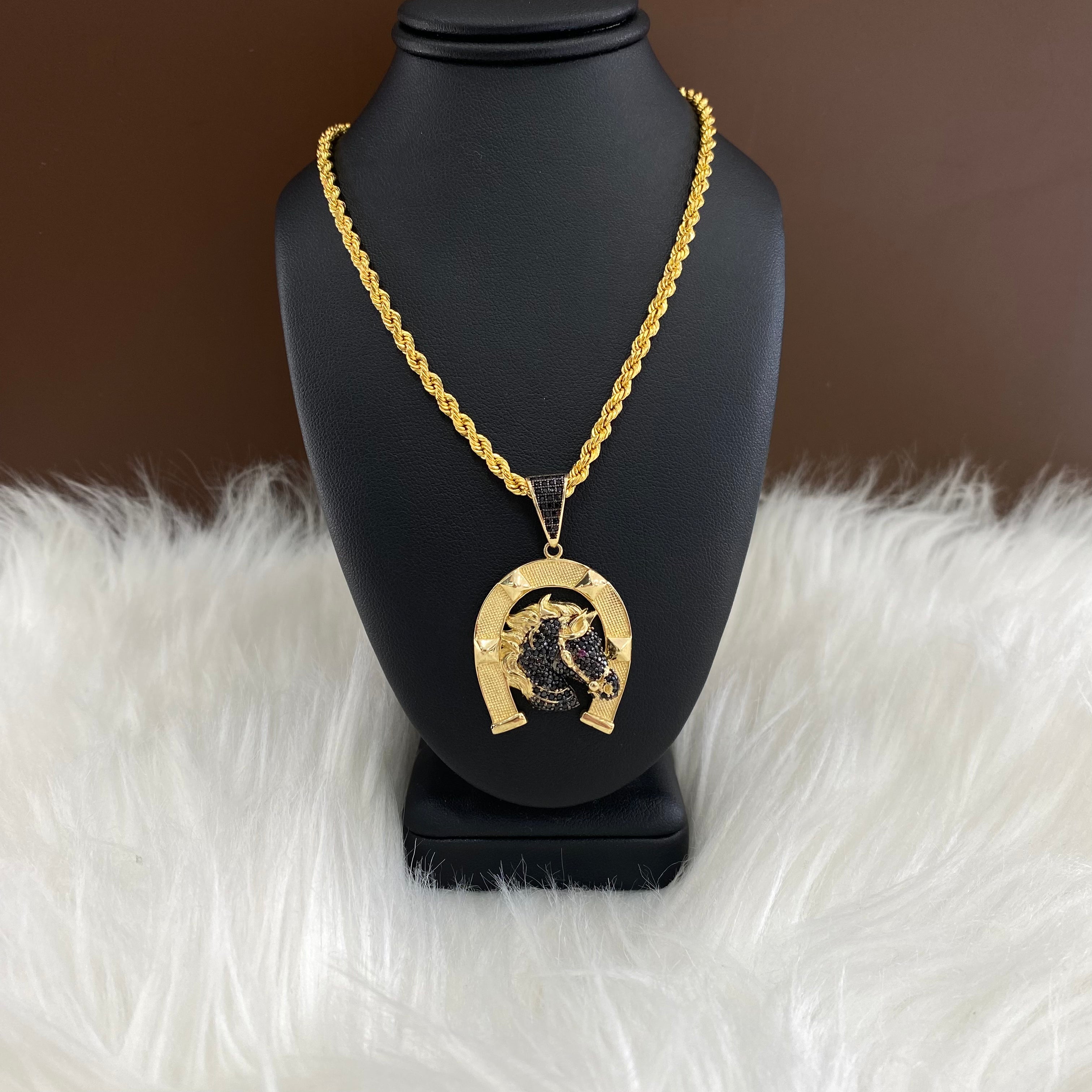 14K Yellow Gold Horseshoe Jewelry Set With Black Zirconia / 26.5gr / 2.9mm / 26in