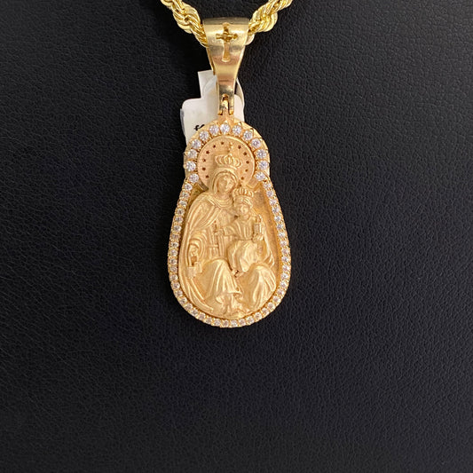 18K Yellow Gold Virgen Del Carmen Pendant With Zircons / 11gr