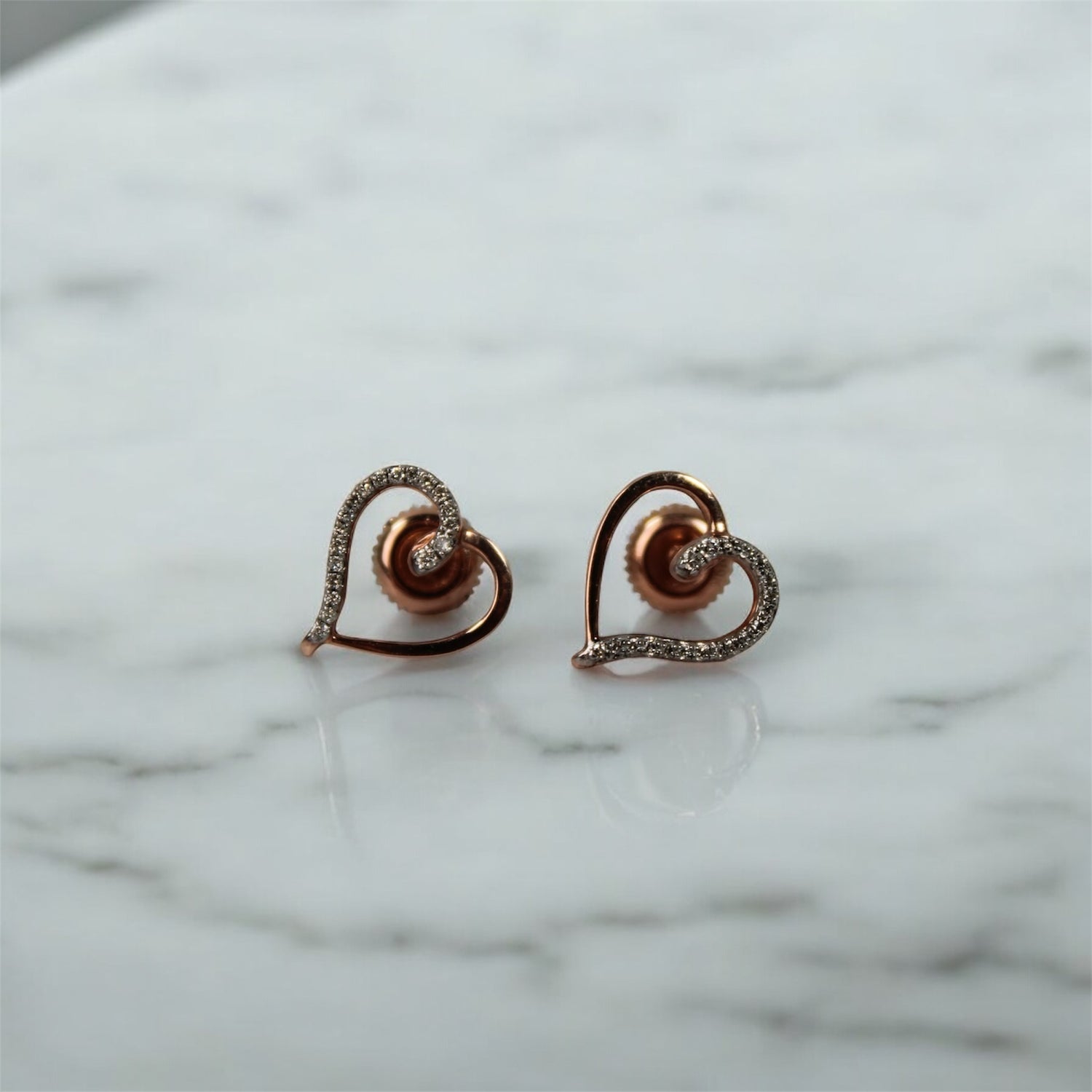 10K Rose Gold Diamond Heart Stud Earrings 0.12Ct Dia / 1.52gr