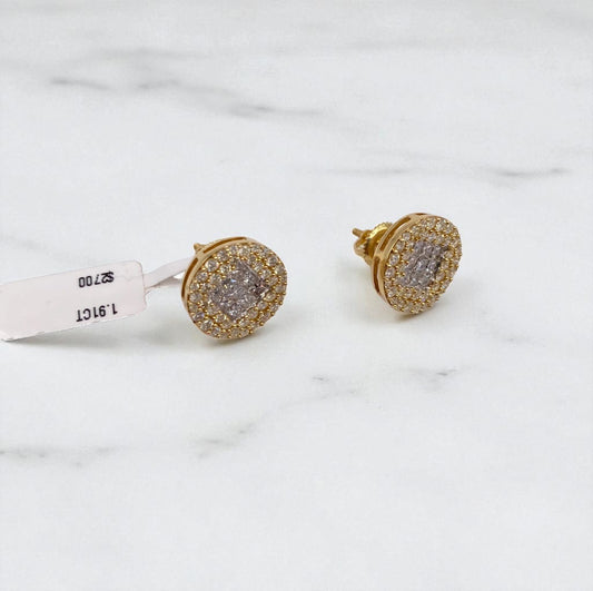 14K Yellow Gold Circle Diamond Stud Earrings 1.91Ct / 3.9gr
