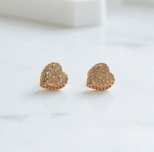 14K Yellow Gold Diamond Haert Stud Earrings 0.97Ct / 3.5gr