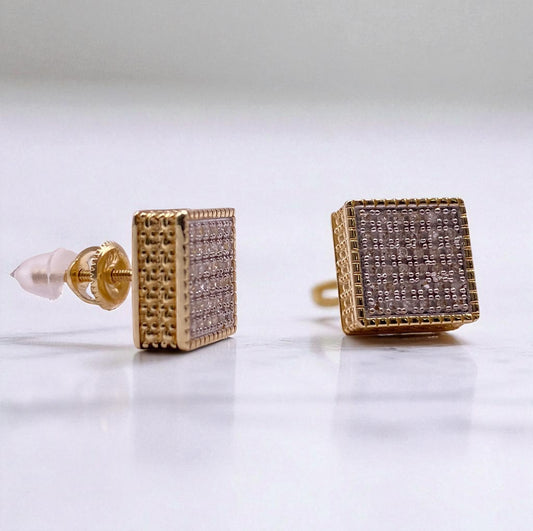 10K Yellow Gold Diamond Square Stud Earrings 0.33Ct / 3.2gr