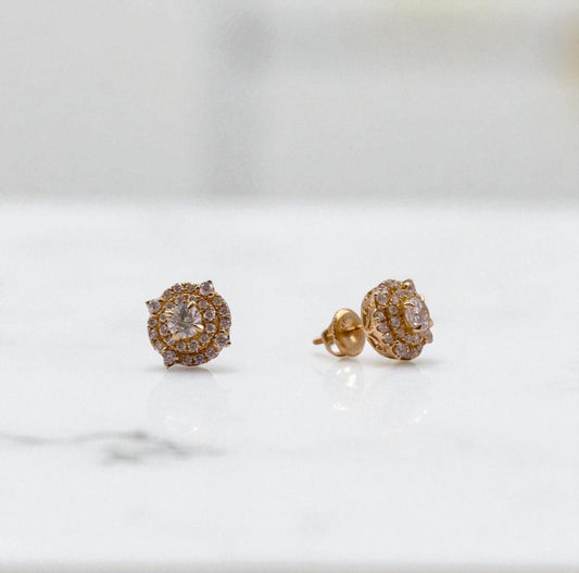 14K Yellow Gold Diamond Flower Stud Earrings 1.25Ct / 2.9gr