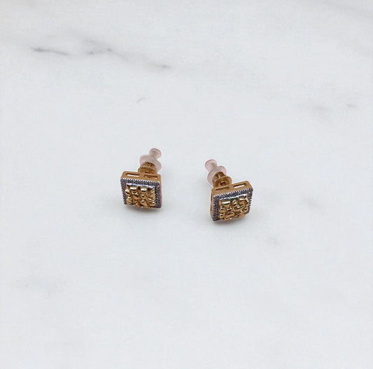 10K Yellow Gold Diamond Square Stud Earrings 0.17Ct / 2.6gr