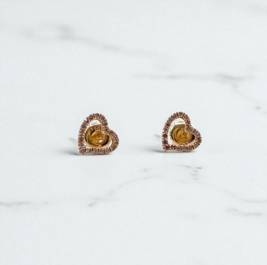 14K Yellow Gold Diamond Heart Stud Earrings 0.29Ct / 0.7gr