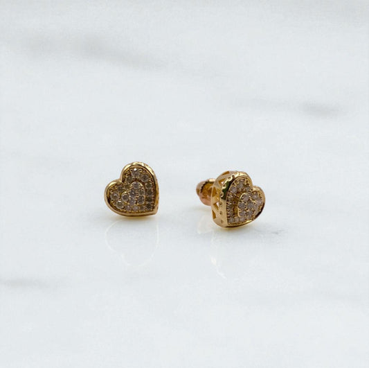 14K Yellow Gold Diamond Heart Stud Earrings 0.18Ct / 1.3gr