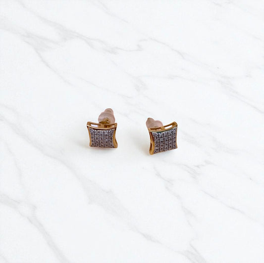 10K Yellow Gold Diamond Square Stud Earrings 0.17Ct / 1.5gr