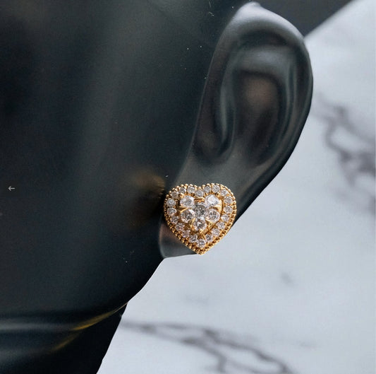 14K Yellow Gold Diamond Two Heart Stud Earrings 0.65Ct / 2.2gr