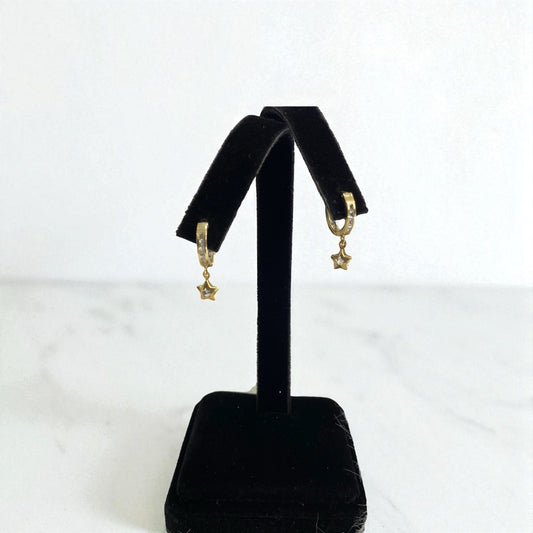 14K Yellow Gold Diamond Star Hoop Earrings 0.54Ct / 1.8gr