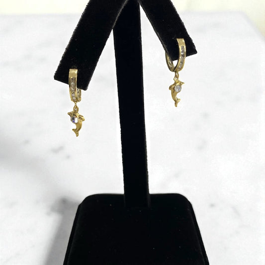 14K Yellow Gold Diamond Dolphin Hoop Earrings 0.54Ct / 1.8gr