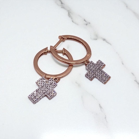 14K Rose Gold Diamond Cross Fashion Hoop Earrings 0.31Ct / 1.7gr