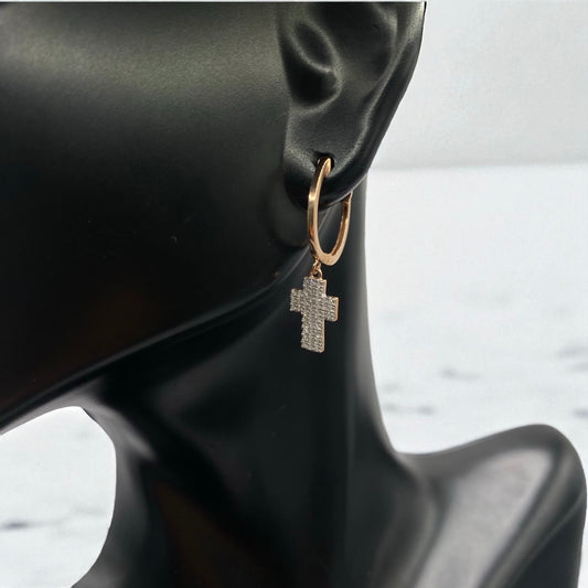 14K Rose Gold Diamond Cross Fashion Hoop Earrings 0.31Ct / 1.7gr