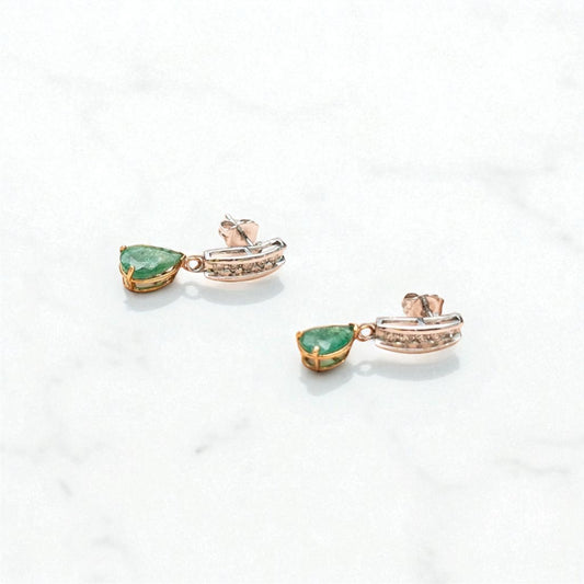 14K White-Yellow Gold Emerald Hoop Earrings With Diamond / 3.1gr