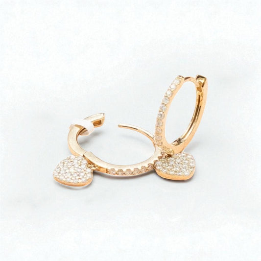 14K Yellow Gold Heart Hoop Earrings With Diamond 0.73Ct / 3.8gr