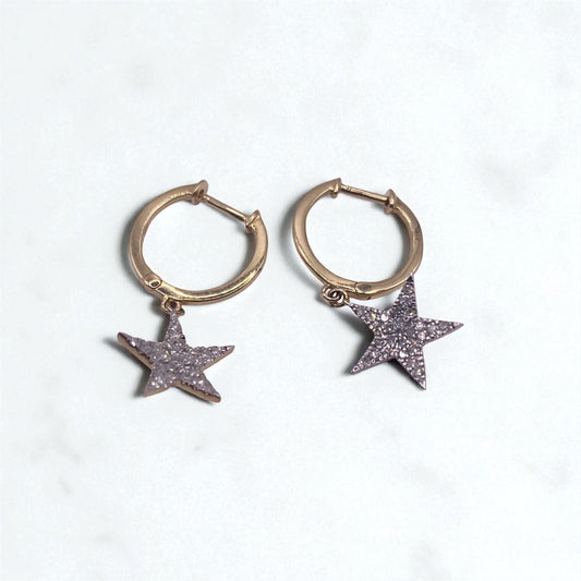 14K Yellow Gold Diamond Star Hoop Earrings 0.31Ct / 2.1gr