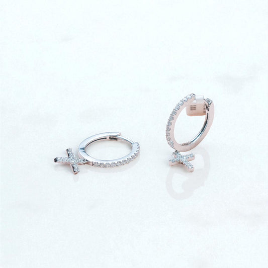 14K White Gold Cross Hoop Earrings With Diamond 0.49Ct / 3.3gr