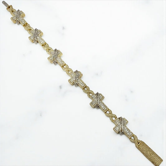 10K Yellow - White Gold Spine-Crosses Bracelet 3.21Ct Dia / 33.67gr / 6.1mm / 8in