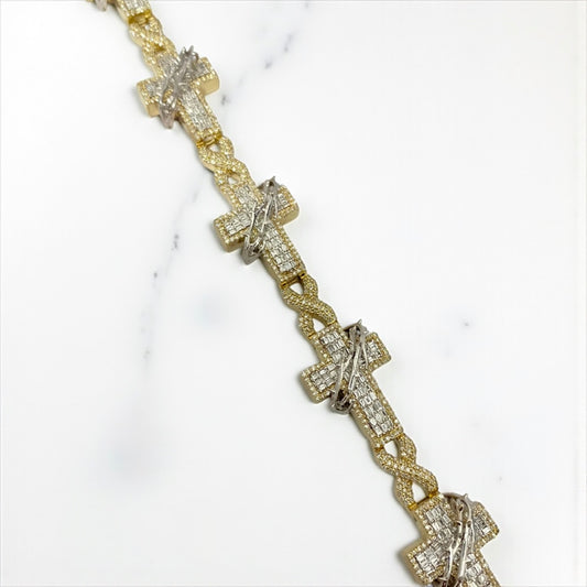 10K Yellow - White Gold Spine-Crosses Bracelet 3.21Ct Dia / 33.67gr / 6.1mm / 8in