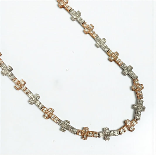 14K Two Tone Gold Diamond Crosses Chain 8.48Ct Dia / 59.49gr / 7.8mm / 22in