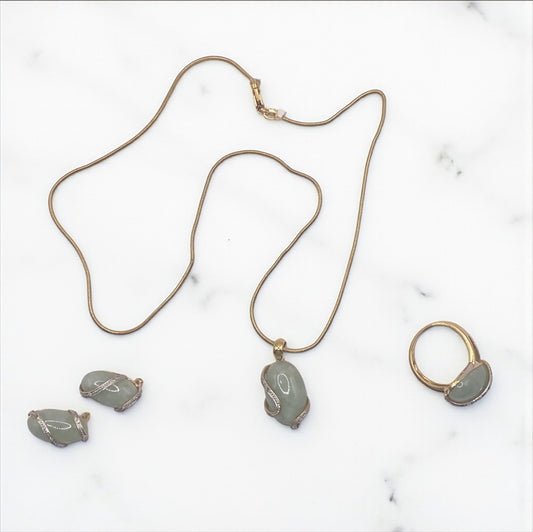 14K Yellow Gold Diamond Green Bean Jewelry Set Chain/Ring/Earrings / 16.5gr