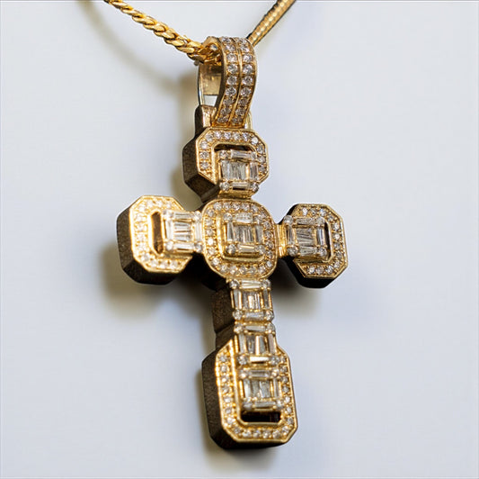 Cross Pendant 14K Yellow Gold With Diamond Baguette 3.11Ct Dia / 13.9gr