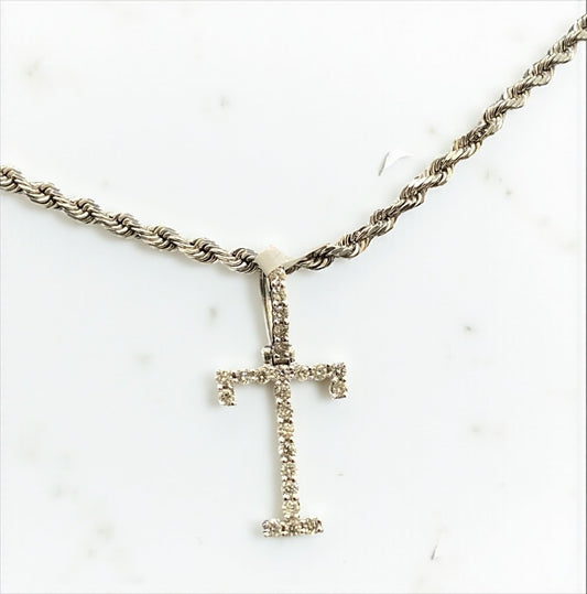 Letter T Pendant 10K White Gold With Diamond / 1.8gr
