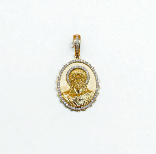 14K Yellow Gold Diamond Sagred Jesus Pendant  1.21Ct Dia / 12.1gr