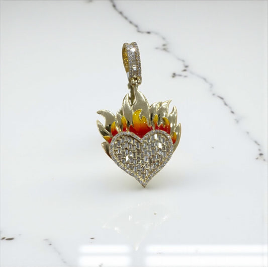 14K Yellow Gold Diamond Heart On Fire Pendant 1.02Ct Dia / 6.2gr