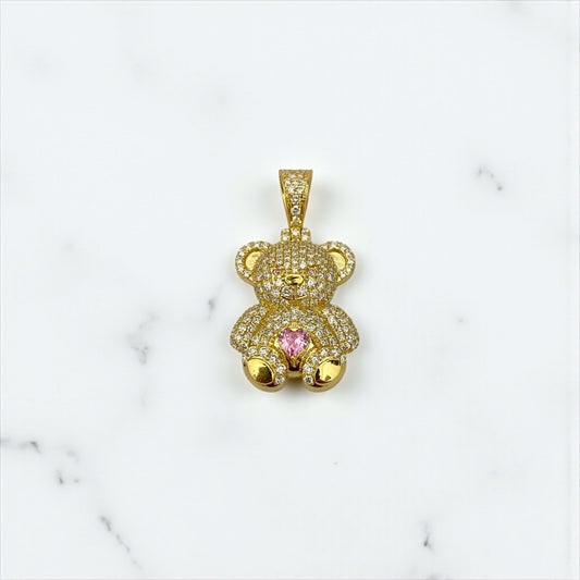 10K Yellow Gold Diamond Bear-Heart Pink Pendant 1.05Ct Dia / 3.9gr / 1.3in