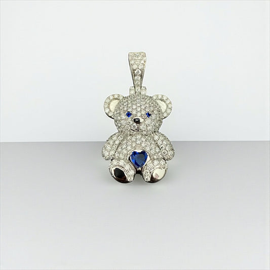 10K White Gold Diamond Bear-Heart Blue Pendant 1.06Ct Dia / 3.84gr / 1.3in