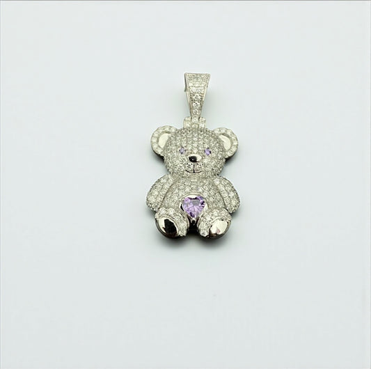 10K White Gold Diamond Bear-Heart Lilac Pendant 1.05Ct Dia / 3.87gr / 1.3in