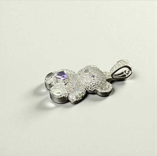 10K White Gold Diamond Bear-Heart Lilac Pendant 1.05Ct Dia / 3.87gr / 1.3in
