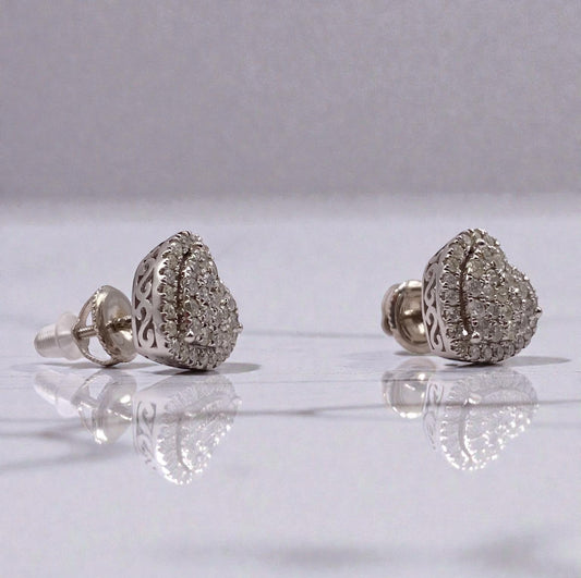 14K White Gold Diamond Heart Stud Earrings 0.97Ct / 3.2gr