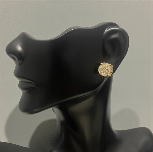 10K Yellow Gold Diamond Round Flower Stud Earrings 0.98Ct Dia / 2.86gr