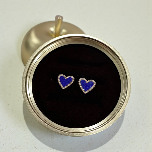 14K Rose Gold Diamond Heart Blue Stud Earrings 1Ct / 1.7gr