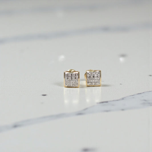 10K Yellow Gold Diamond Square Stud Earrings 0.09Ct Dia / 1gr