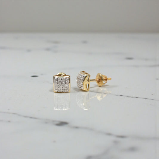 10K Yellow Gold Diamond Square Stud Earrings 0.09Ct Dia / 1gr