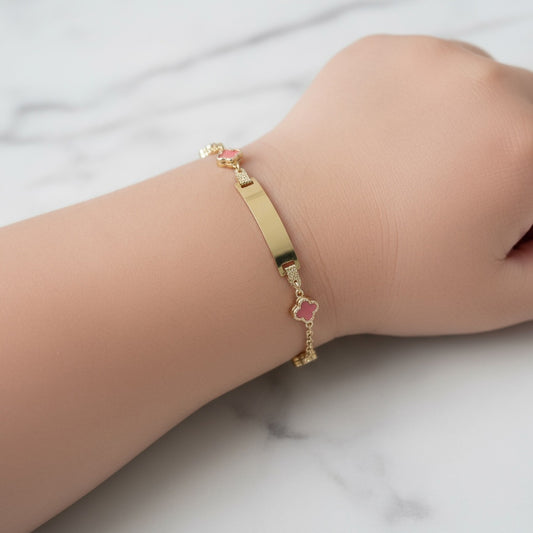 14K YG Baby Roll-on Name Plate With Red Clover Bracelet / 2.07gr / 2mm / 6in /