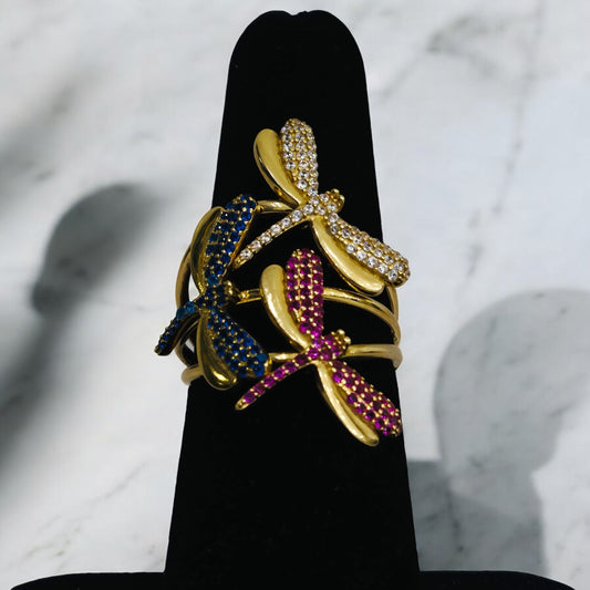 14K Yellow Gold Dragon-Fly Ring With Zirconia / 4.4gr / Size 6.5