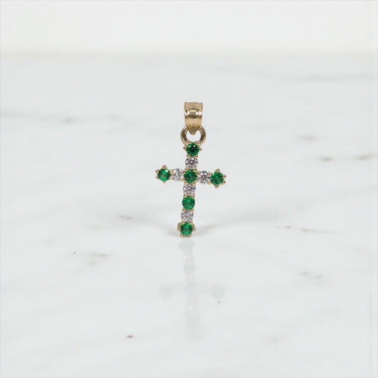 10K YG Cross Pendant / 1.1gr / 0.8in / With Green- Zircons