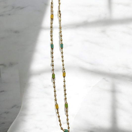 18K Yellow Gold Rustic Cylinder-Military Balls Diamond Cut Chain Colored Rubber / 8.1gr / 4mm / 18in