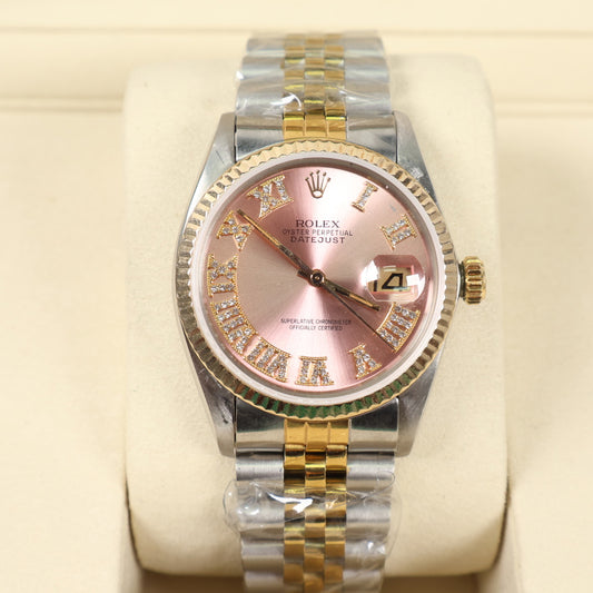 Rolex datejust Pink Face Dia Dial Roman Numbers Ref 16013 Watch / 36mm /