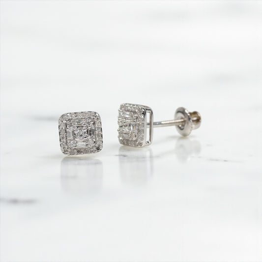 10K WG Diamond Triple Square Luxury Stud Earrings / 1.24gr / 6mm / D 0.25Ct