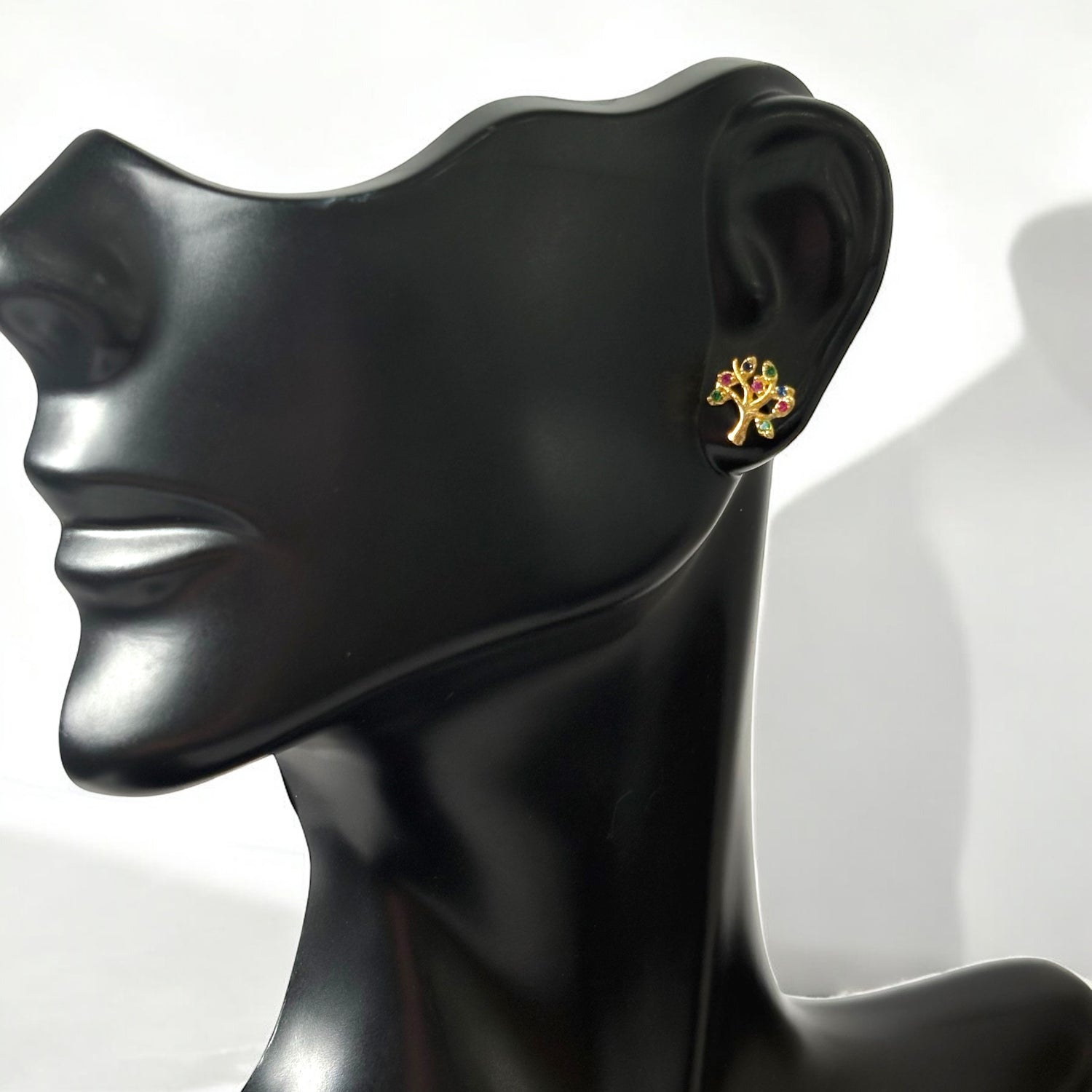 18K Yellow Gold Tree Stud Earrings With Colors Zircon / 0.9gr