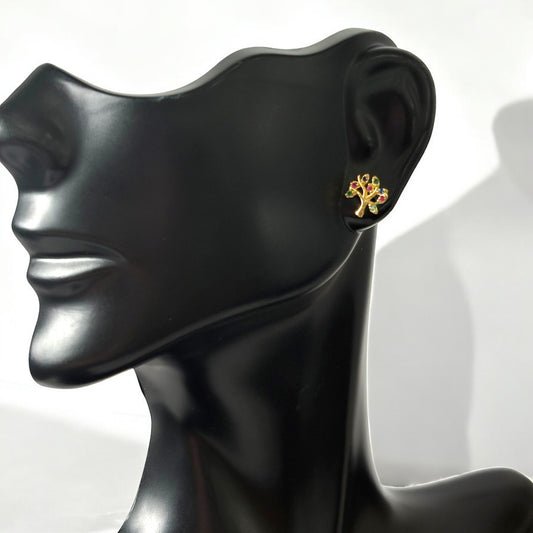 18K Yellow Gold Tree Stud Earrings With Colors Zircon / 0.9gr