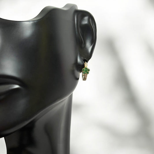 14K Yellow Gold Luxury Huggie Flower Hoop Earrings With Green Zircons / 1.2gr