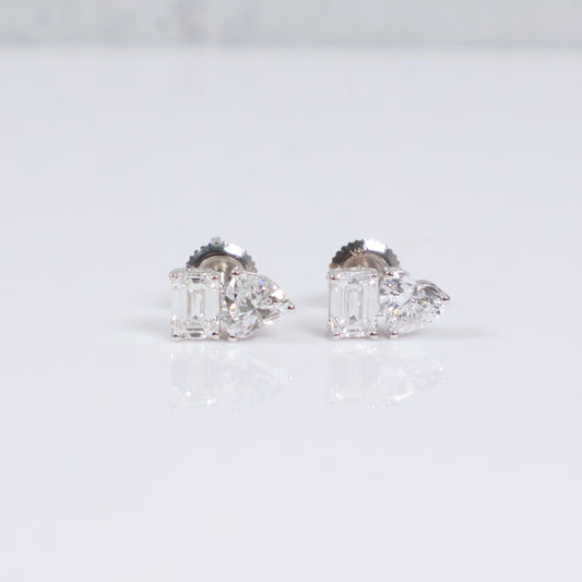 14K WG Lab Diamond Emerald Cut - Heart Cut Stud Earrings / 1.66gr / 9mm / 2 CTTW Lab VS / E-F